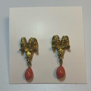 Gold tone Ram Head ‘Aries’ Earrings with faux Coral Drop